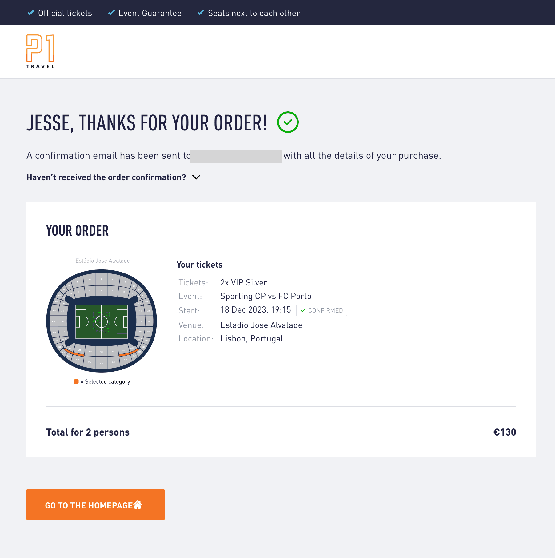 confirmation mail from p1 travel after purchase