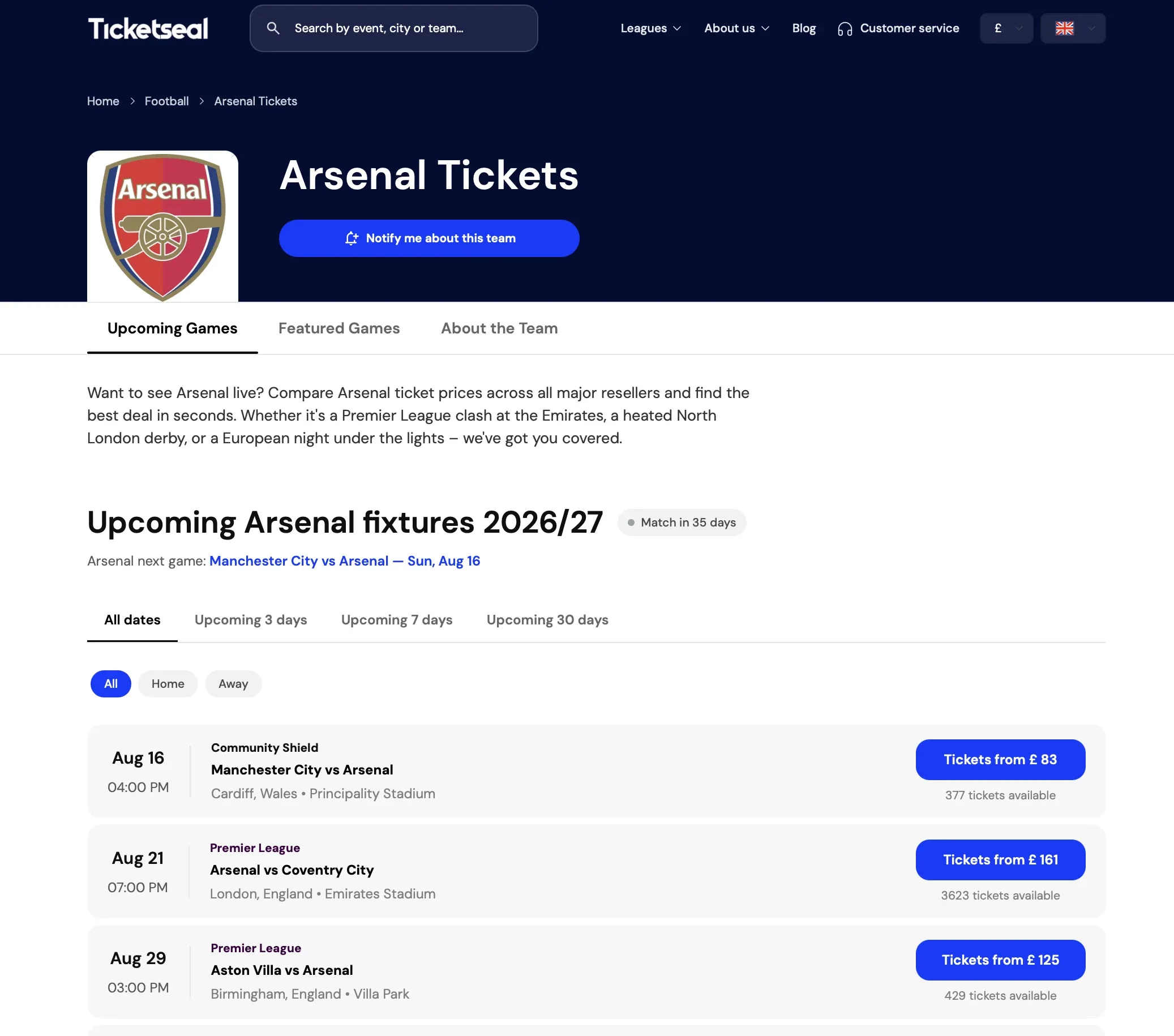 Arsenal Fixture Page on Ticketseal