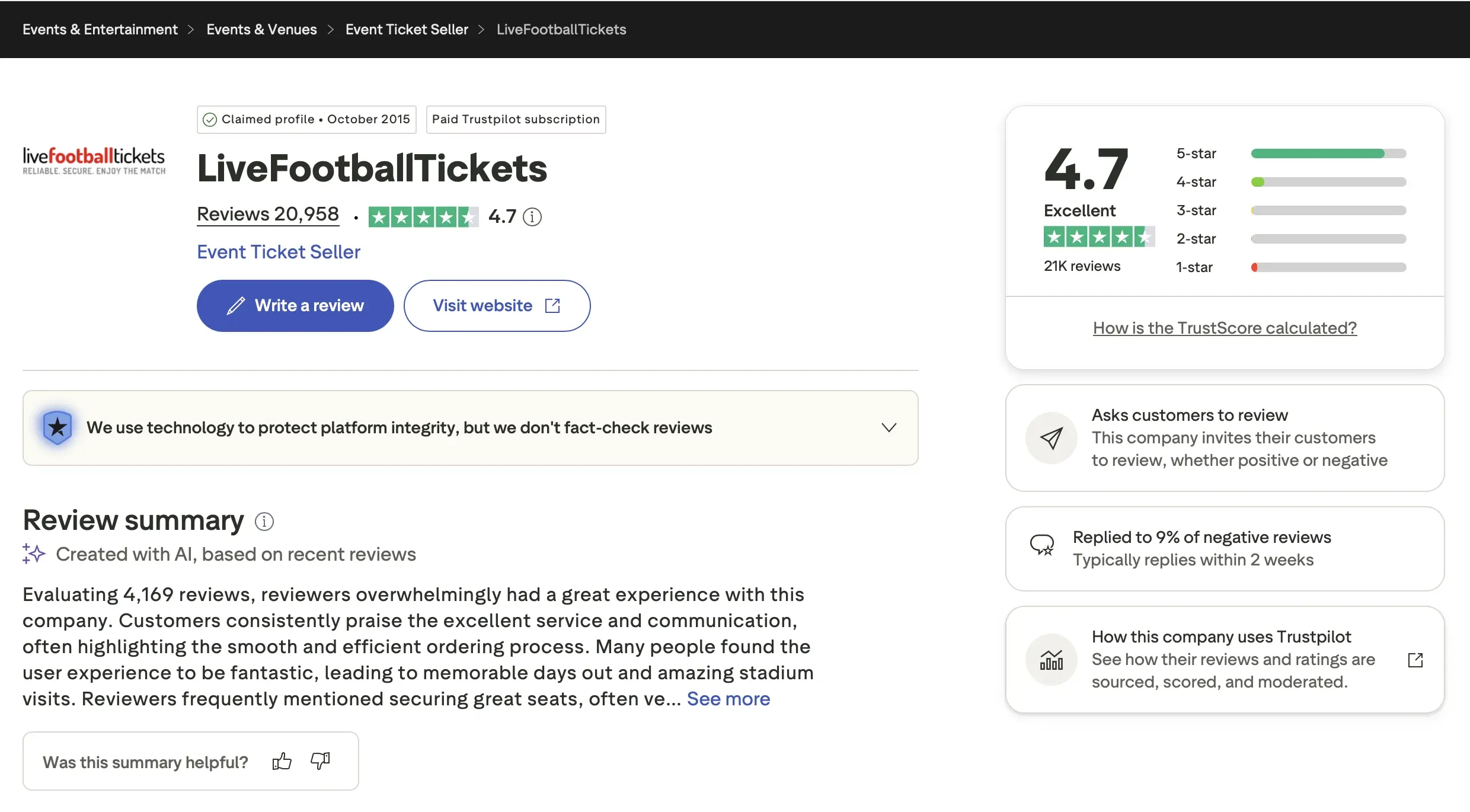 TrustPilot Review LiveFootballTickets