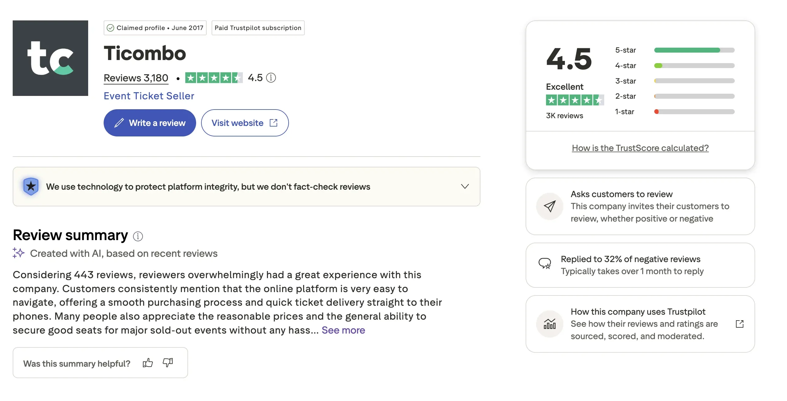 Trustpilot review of Ticombo
