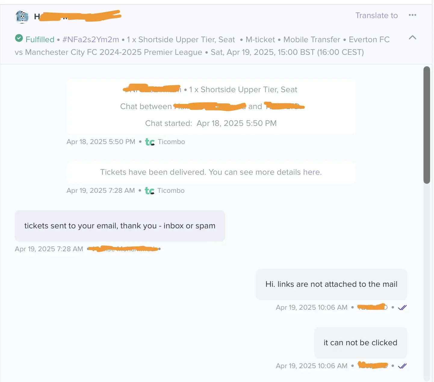 A real example of a conversation with a seller on ticombo