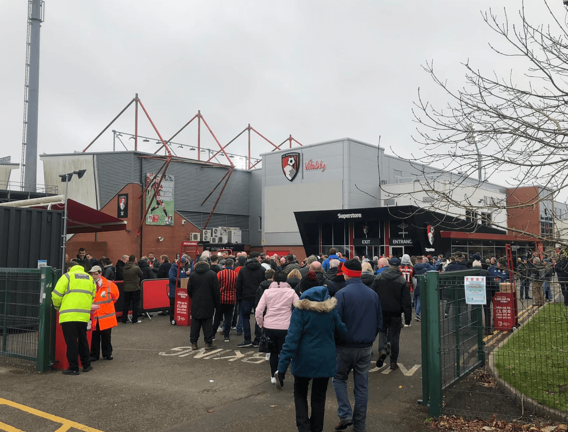 AFC Bournemouth Vitality Stadium matchday crowds fans arriving outside superstore Premier League